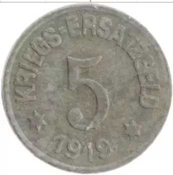 Монета 5 пфеннигов Германия : Нотгельды 1919 года Цинк Грефельд