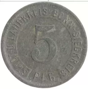Монета 5 пфеннигов Германия : Нотгельды 1919 года Цинк Бонн