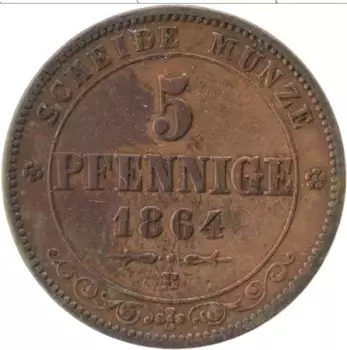 Монета 5 пфеннигов Саксонии 1864 года Медь