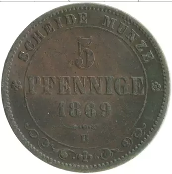 Монета 5 пфеннигов Саксонии 1869 года Медь В