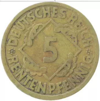 Монета 5 пфеннигов Веймарской республики 1924 года Латунь A
