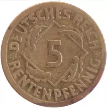 Монета 5 пфеннигов Веймарской республики 1924 года Латунь А