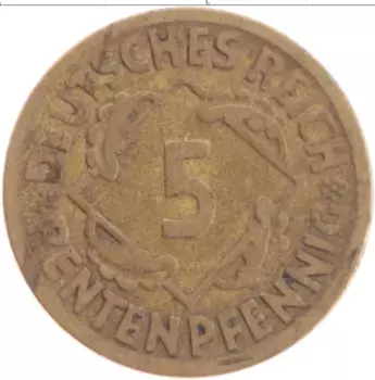 Монета 5 пфеннигов Веймарской республики 1924 года Латунь J