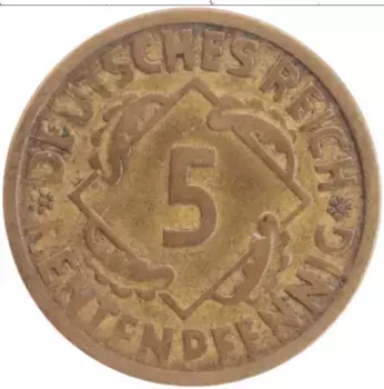 Монета 5 пфеннигов Веймарской республики 1924 года Латунь J
