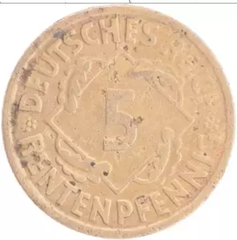 Монета 5 пфеннигов Веймарской республики 1924 года Бронза А