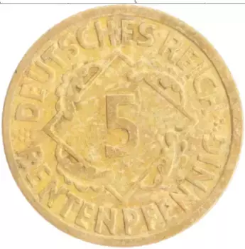 Монета 5 пфеннигов Веймарской республики 1924 года Бронза A