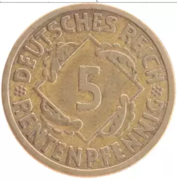 Монета 5 пфеннигов Веймарской республики 1924 года Бронза A