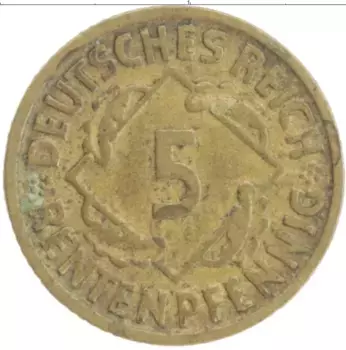 Монета 5 пфеннигов Веймарской республики 1924 года Бронза D