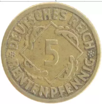 Монета 5 пфеннигов Веймарской республики 1924 года Бронза F