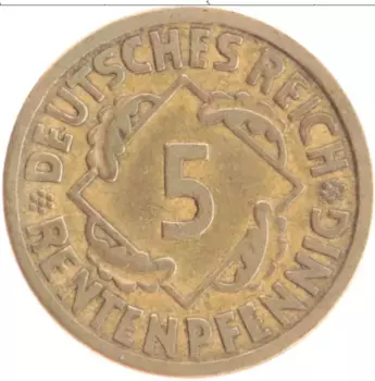 Монета 5 пфеннигов Веймарской республики 1924 года Бронза A