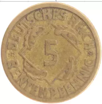 Монета 5 пфеннигов Веймарской республики 1924 года Бронза А