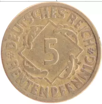 Монета 5 пфеннигов Веймарской республики 1924 года Бронза А