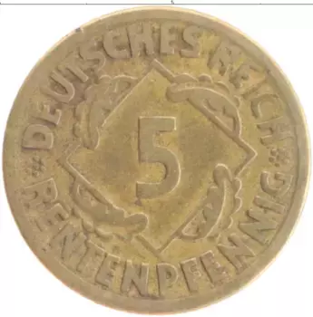 Монета 5 пфеннигов Веймарской республики 1924 года Бронза F