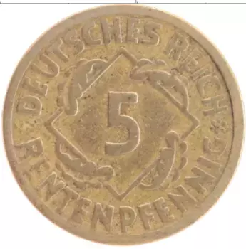 Монета 5 пфеннигов Веймарской республики 1924 года Бронза A