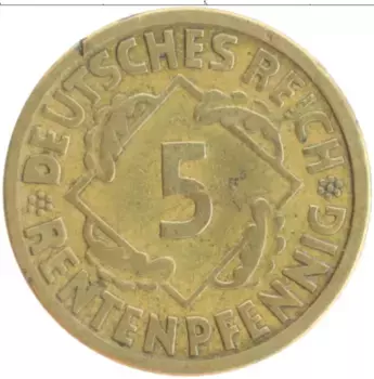 Монета 5 пфеннигов Веймарской республики 1924 года Бронза J