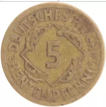 Монета 5 пфеннигов Веймарской республики 1924 года Бронза А