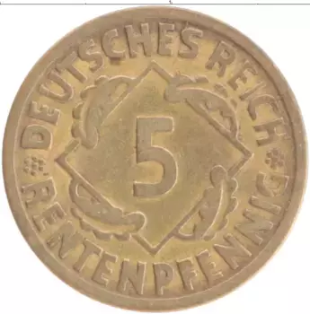 Монета 5 пфеннигов Веймарской республики 1924 года Бронза J