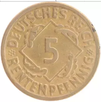 Монета 5 пфеннигов Веймарской республики 1924 года Бронза А