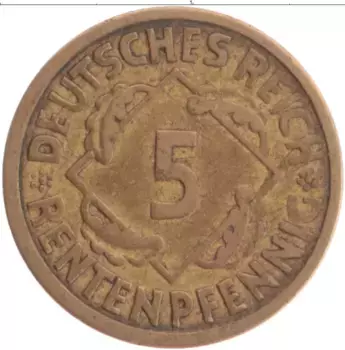 Монета 5 пфеннигов Веймарской республики 1924 года Бронза A