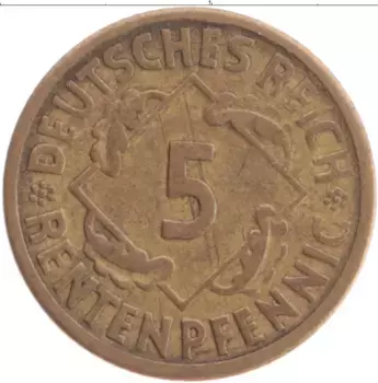 Монета 5 пфеннигов Веймарской республики 1924 года Бронза A