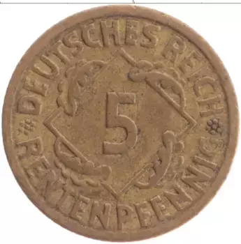 Монета 5 пфеннигов Веймарской республики 1924 года Бронза A