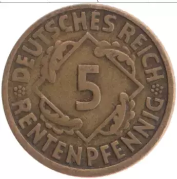 Монета 5 пфеннигов Веймарской республики 1924 года Бронза J