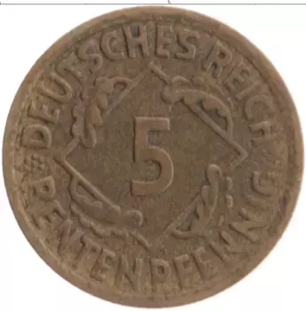 Монета 5 пфеннигов Веймарской республики 1924 года Бронза A