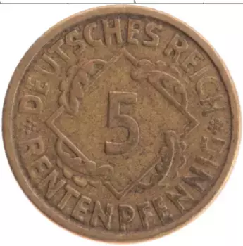 Монета 5 пфеннигов Веймарской республики 1924 года Бронза A