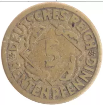 Монета 5 пфеннигов Веймарской республики 1924 года Бронза F