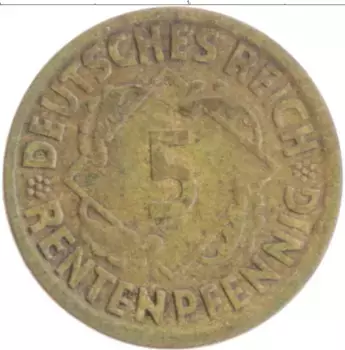 Монета 5 пфеннигов Веймарской республики 1924 года Бронза J