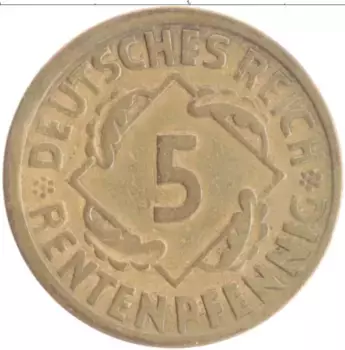 Монета 5 пфеннигов Веймарской республики 1924 года Бронза A