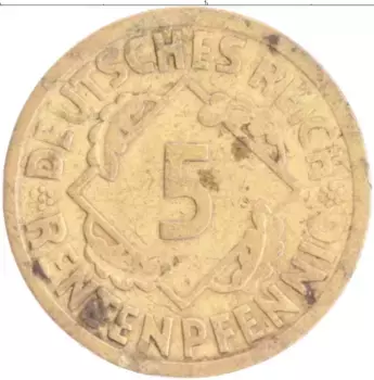 Монета 5 пфеннигов Веймарской республики 1924 года Бронза А