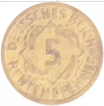Монета 5 пфеннигов Веймарской республики 1924 года Бронза F