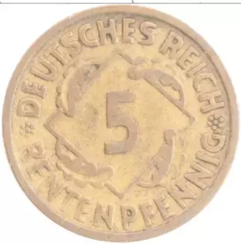 Монета 5 пфеннигов Веймарской республики 1924 года Бронза G