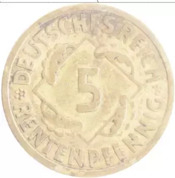 Монета 5 пфеннигов Веймарской республики 1924 года Бронза А