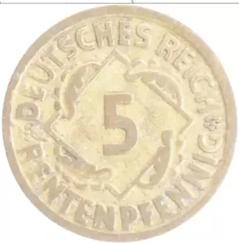 Монета 5 пфеннигов Веймарской республики 1924 года Бронза F