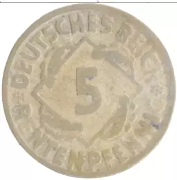 Монета 5 пфеннигов Веймарской республики 1924 года Бронза G