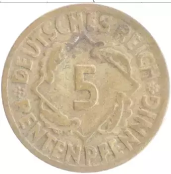 Монета 5 пфеннигов Веймарской республики 1924 года Бронза D