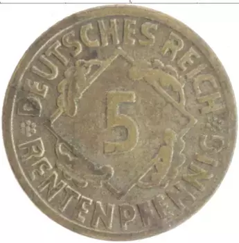 Монета 5 пфеннигов Веймарской республики 1924 года Бронза G