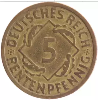 Монета 5 пфеннигов Веймарской республики 1924 года Бронза E