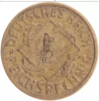 Монета 5 пфеннигов Веймарской республики 1925 года Бронза F