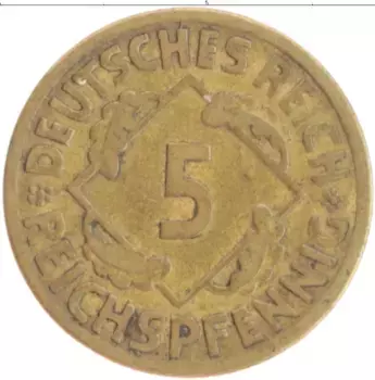 Монета 5 пфеннигов Веймарской республики 1925 года Бронза E