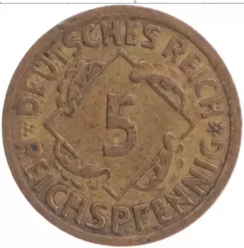 Монета 5 пфеннигов Веймарской республики 1925 года Бронза A