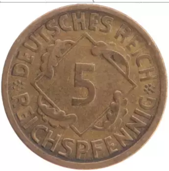 Монета 5 пфеннигов Веймарской республики 1925 года Бронза A