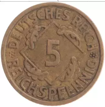 Монета 5 пфеннигов Веймарской республики 1925 года Бронза A