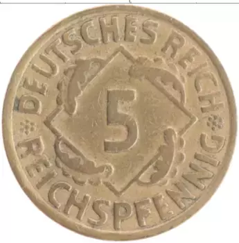 Монета 5 пфеннигов Веймарской республики 1925 года Бронза G