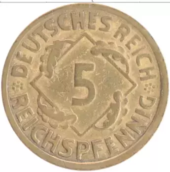 Монета 5 пфеннигов Веймарской республики 1925 года Бронза А