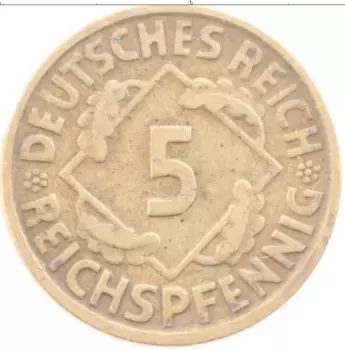 Монета 5 пфеннигов Веймарской республики 1925 года Бронза D