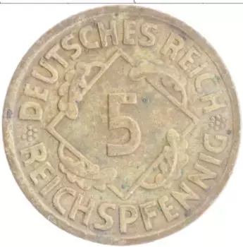 Монета 5 пфеннигов Веймарской республики 1926 года Бронза А