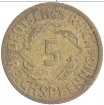 Монета 5 пфеннигов Веймарской республики 1926 года Бронза A